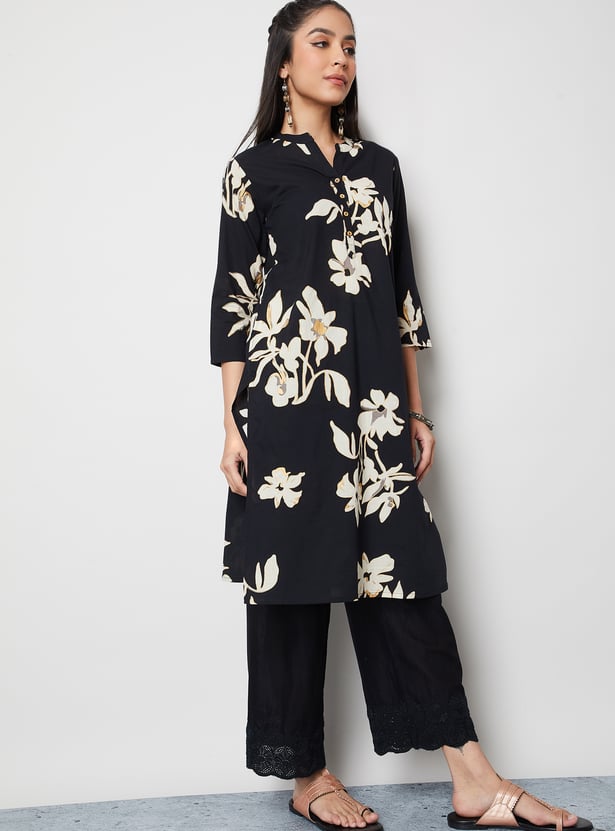 MELANGE Floral Print Notched Neck Straight Kurta