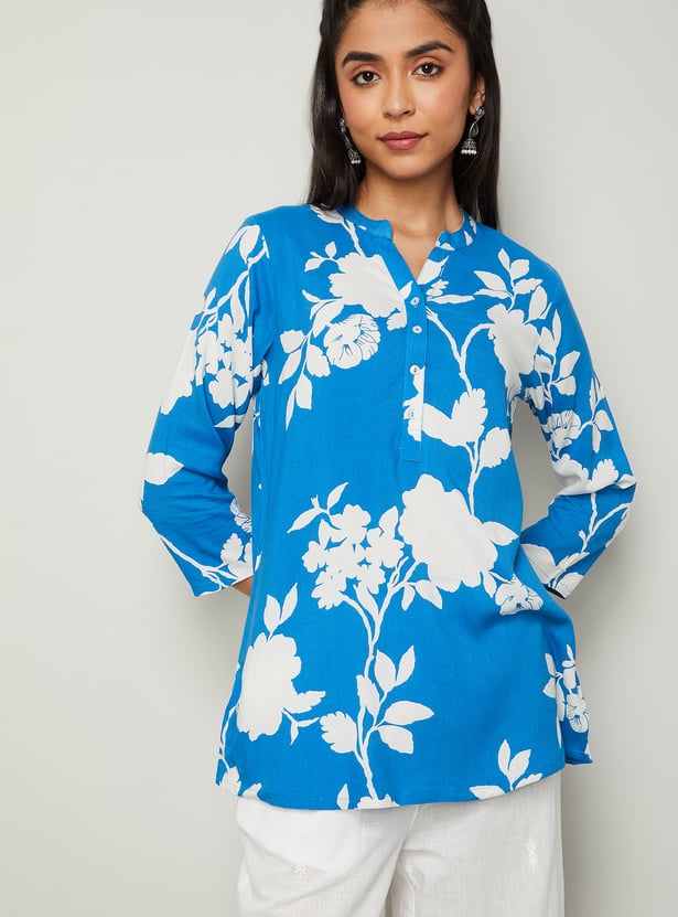 MELANGE Floral Print Band Collar 3/4th Sleeves Straight Kurti