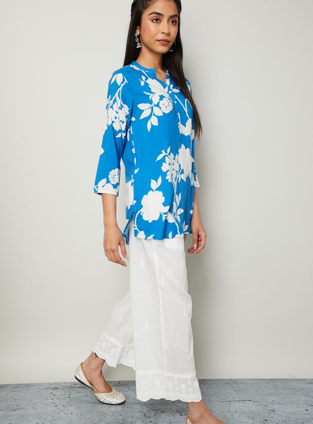 MELANGE Floral Print Band Collar 3/4th Sleeves Straight Kurti