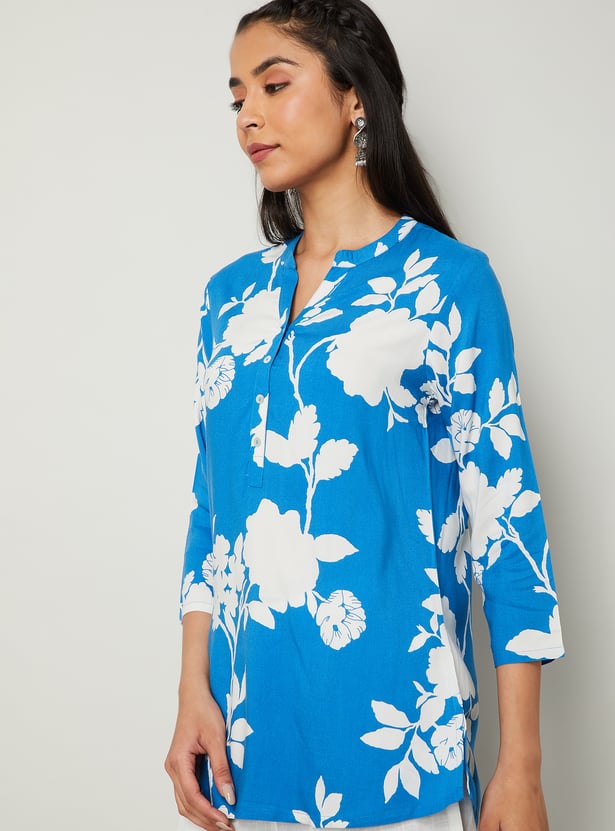 MELANGE Floral Print Band Collar 3/4th Sleeves Straight Kurti