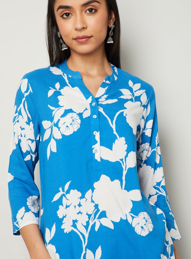 MELANGE Floral Print Band Collar 3/4th Sleeves Straight Kurti