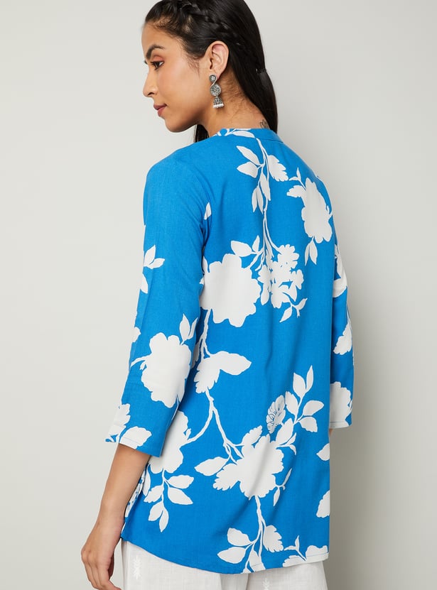MELANGE Floral Print Band Collar 3/4th Sleeves Straight Kurti