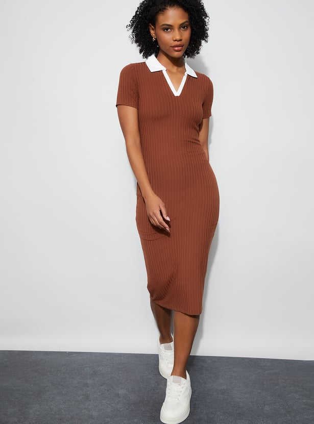 GINGER Ribbed Polo Collared T-shirt Dress