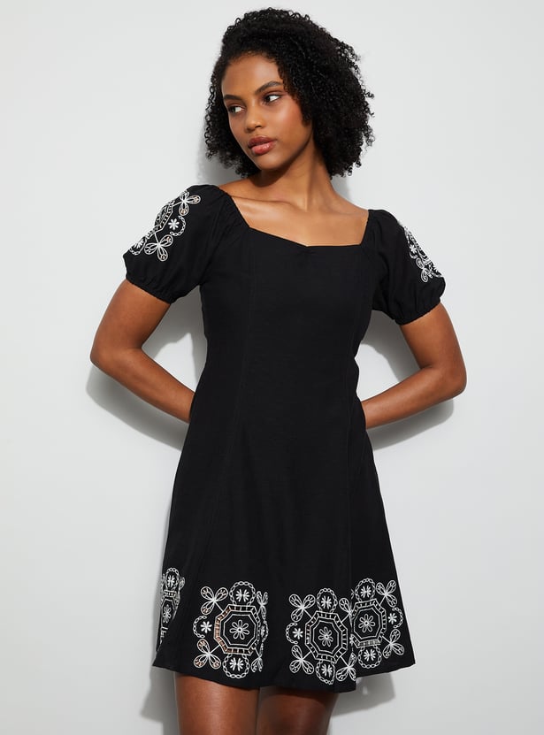 GINGER Embroidered Fit & Flare Dress