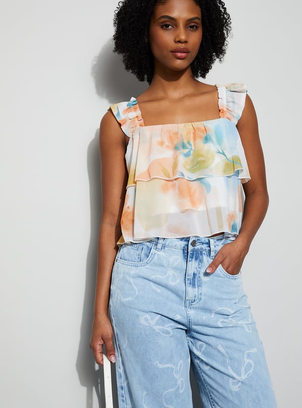 GINGER Floral Print Square Neck Sheer Crop Top
