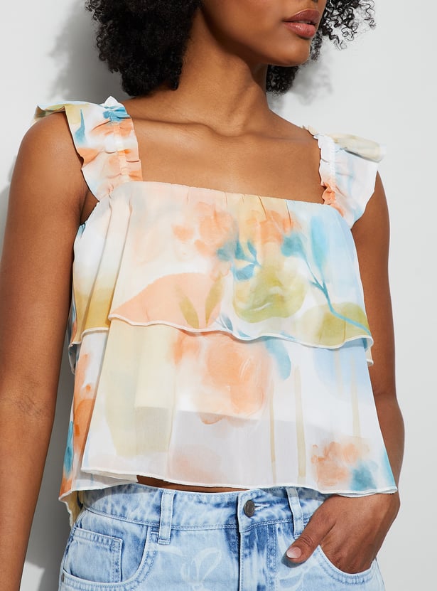 GINGER Floral Print Square Neck Sheer Crop Top