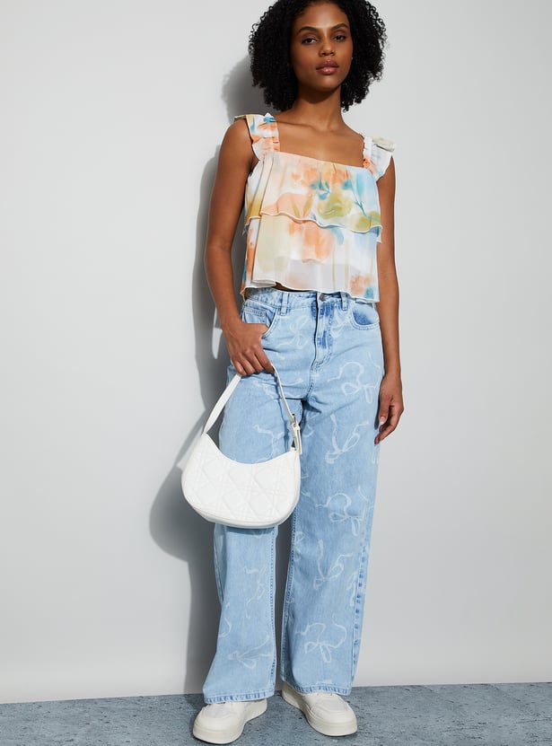 GINGER Floral Print Square Neck Sheer Crop Top