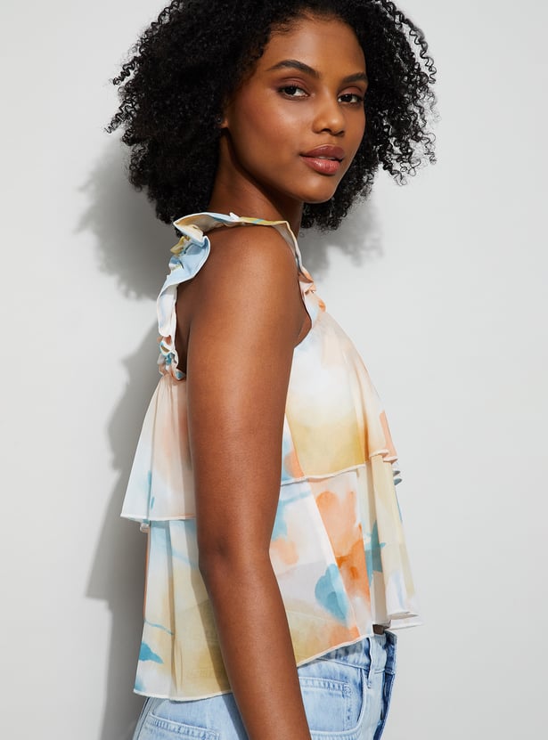 GINGER Floral Print Square Neck Sheer Crop Top