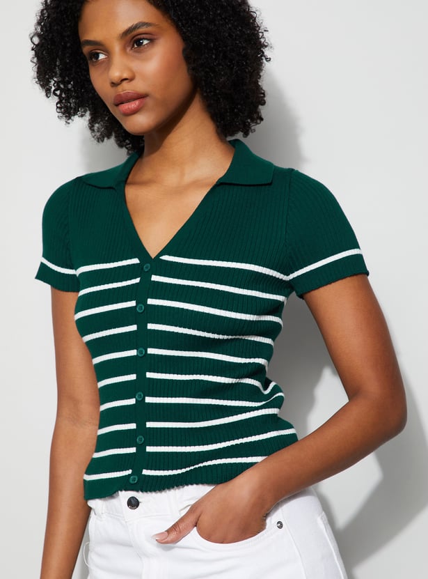 GINGER Striped V-Neck Button Top