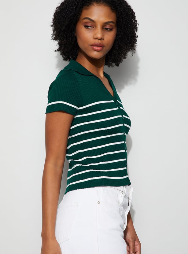 GINGER Striped V-Neck Button Top