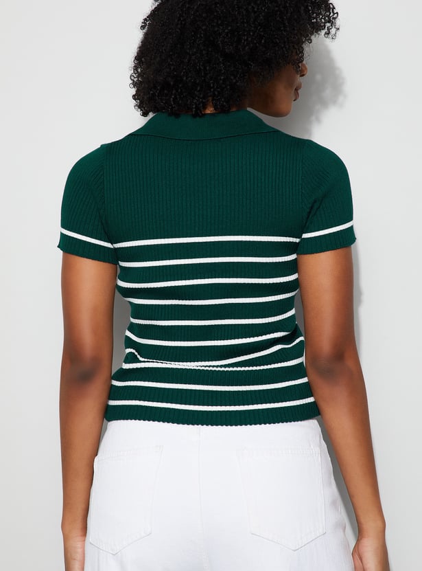 GINGER Striped V-Neck Button Top