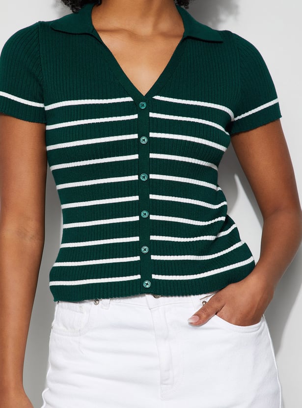 GINGER Striped V-Neck Button Top