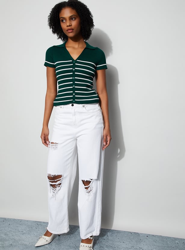 GINGER Striped V-Neck Button Top