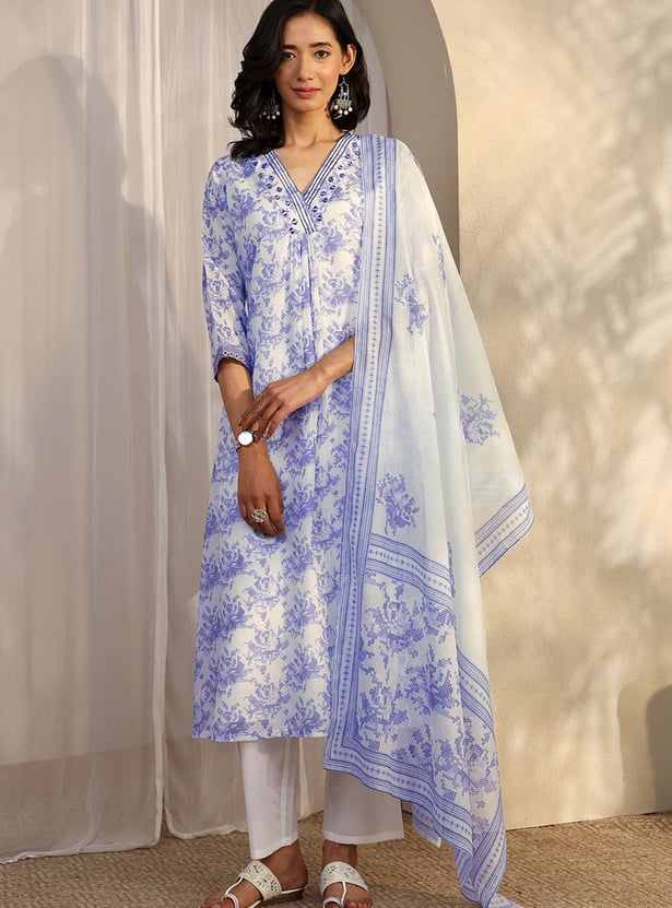 LIBAS Floral Print V-neck Kurta Set