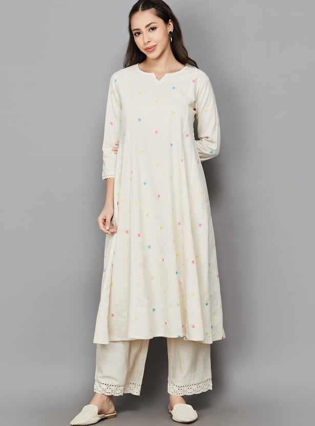SPAN Embroidered Notched Neck Flared Kurta