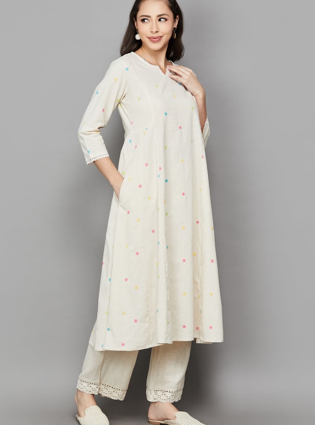 SPAN Embroidered Notched Neck Flared Kurta