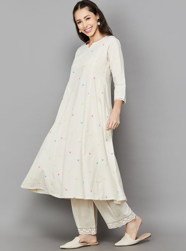 SPAN Embroidered Notched Neck Flared Kurta