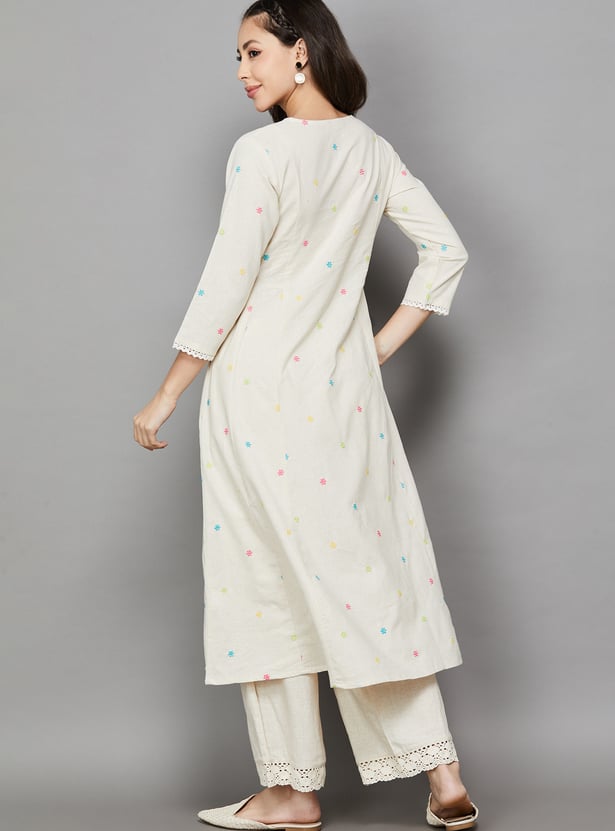 SPAN Embroidered Notched Neck Flared Kurta