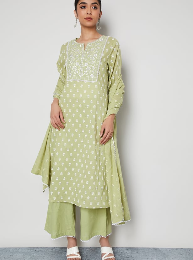 MELANGE Puffed Print Straight Kurta Set