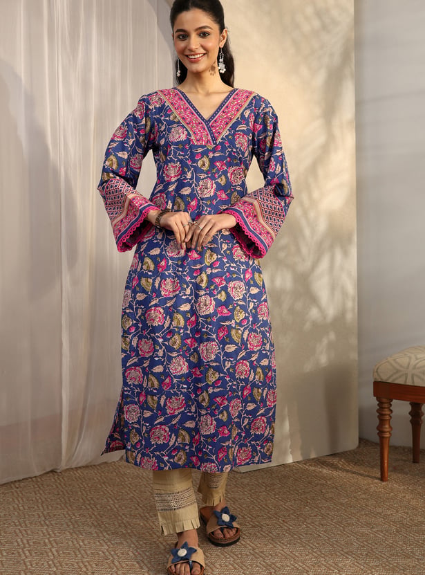 LIBAS Floral Print V-Neck Straight Kurta