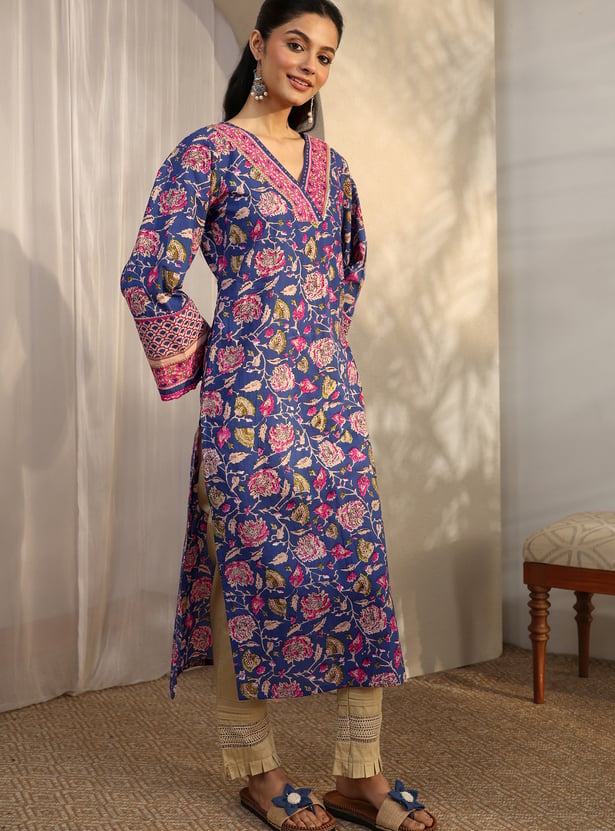 LIBAS Floral Print V-Neck Straight Kurta