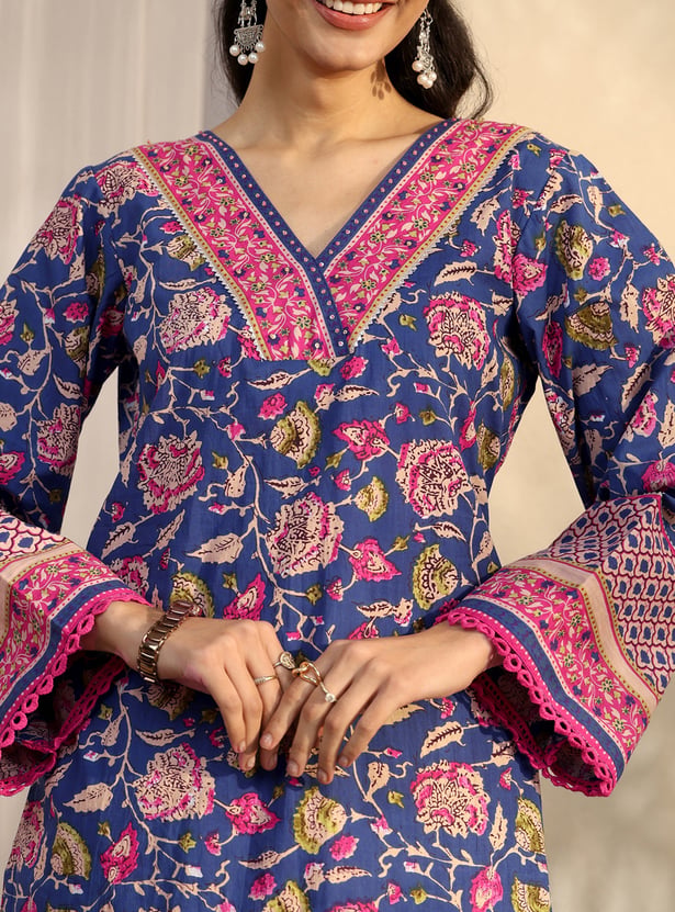 LIBAS Floral Print V-Neck Straight Kurta