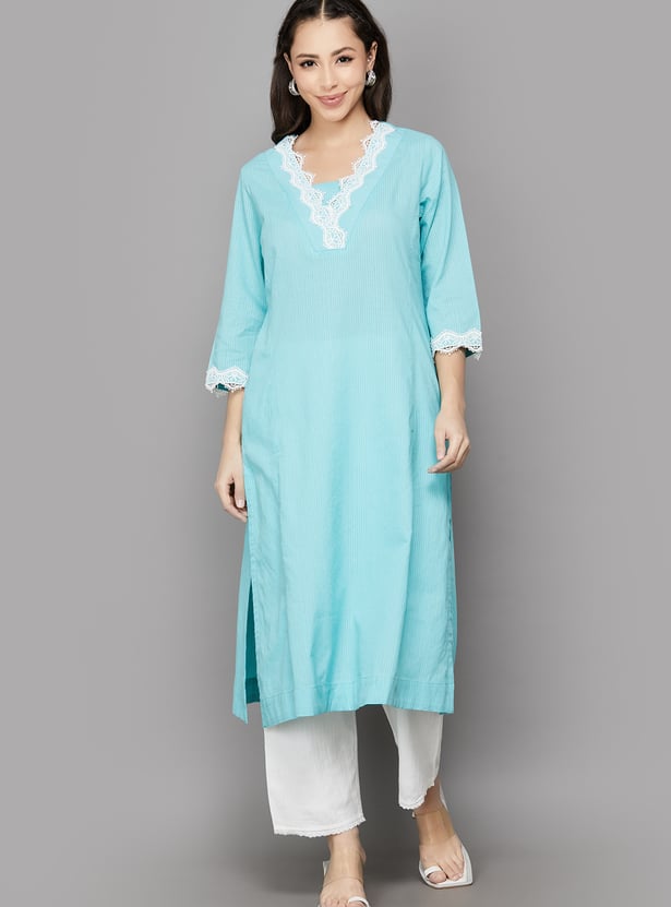 BIBA Striped Lace Detail Straight Kurta
