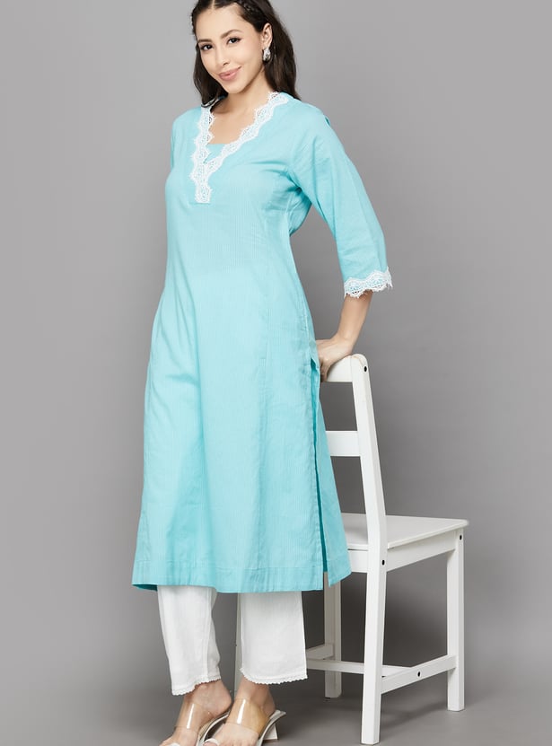 BIBA Striped Lace Detail Straight Kurta