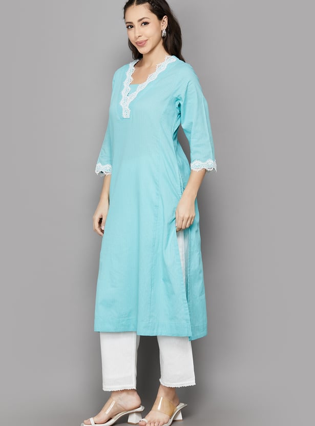 BIBA Striped Lace Detail Straight Kurta