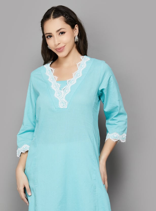 BIBA Striped Lace Detail Straight Kurta