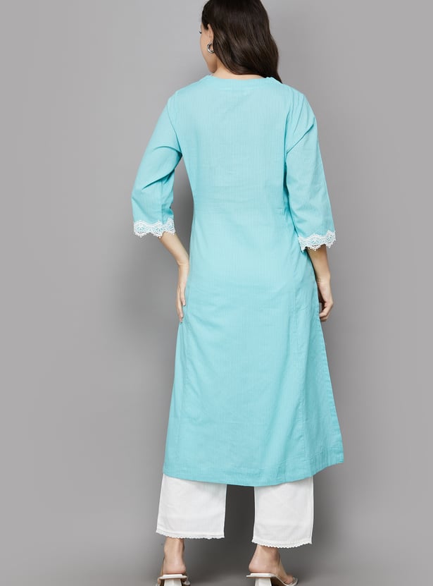 BIBA Striped Lace Detail Straight Kurta