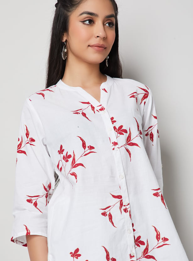 MELANGE Floral Print Band Collar Straight Kurti