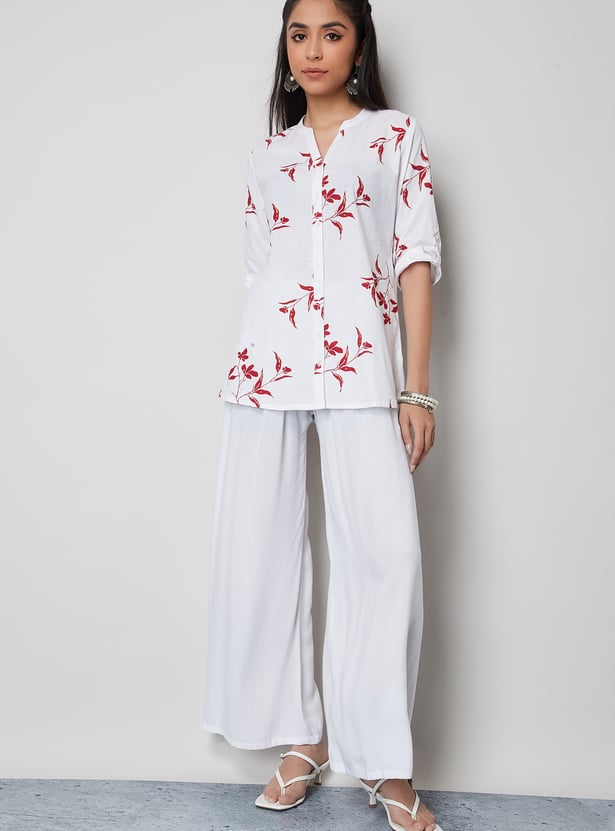 MELANGE Floral Print Band Collar Straight Kurti