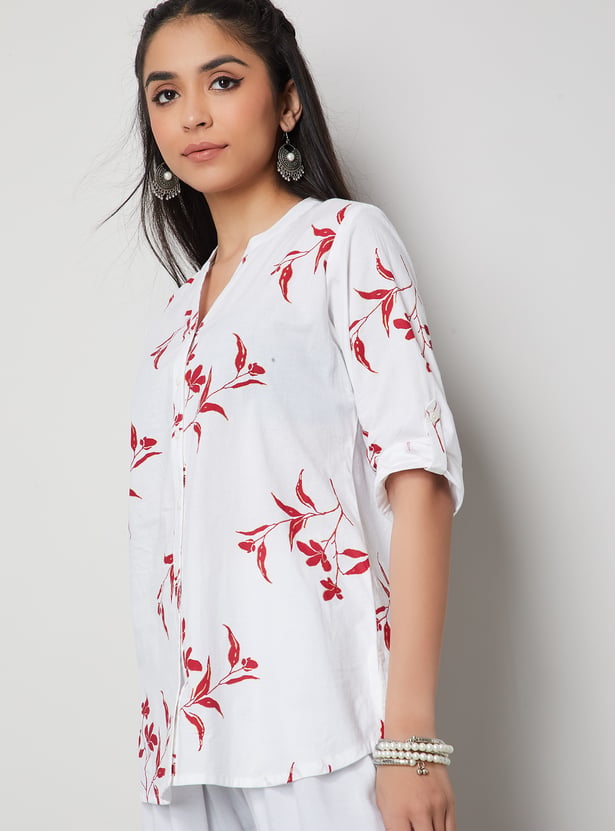 MELANGE Floral Print Band Collar Straight Kurti