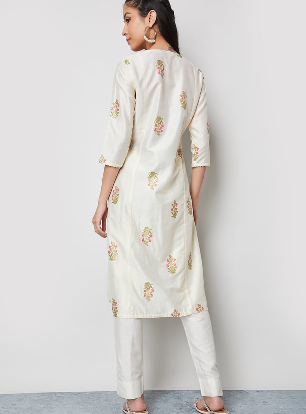 MELANGE Floral Print Notched Neck 3/4th Sleeves Kurta