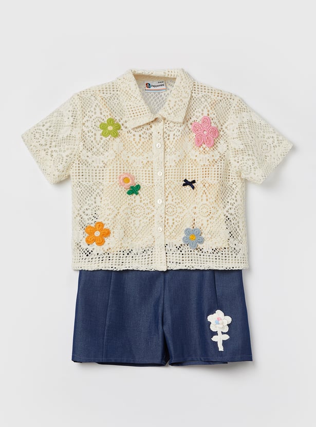 PEPPERMINT Girls Embroidered Top with Shorts and Inner Set