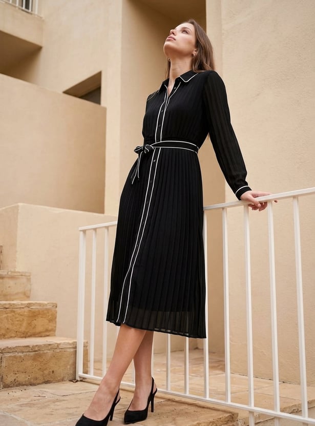 CODE Pleated Shirt Dress with Belt