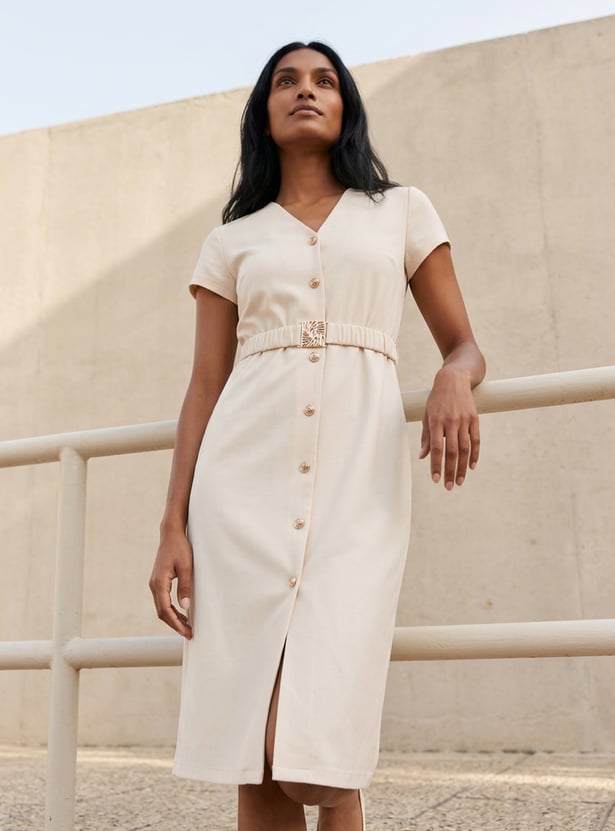 CODE Solid Buttoned Midi Dress with Belt