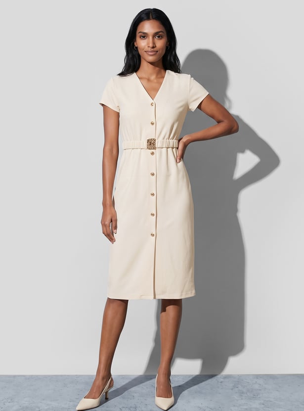 CODE Solid Buttoned Midi Dress with Belt