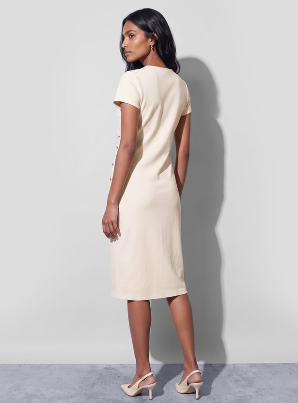 CODE Solid Buttoned Midi Dress with Belt