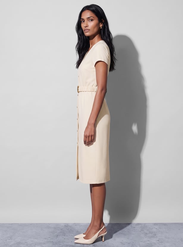 CODE Solid Buttoned Midi Dress with Belt