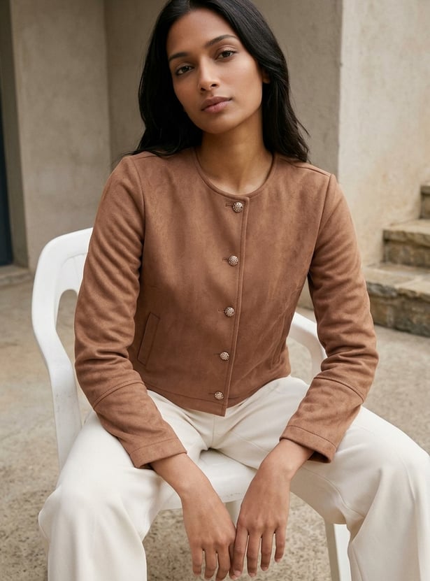 CODE Solid Faux Suede Jacket