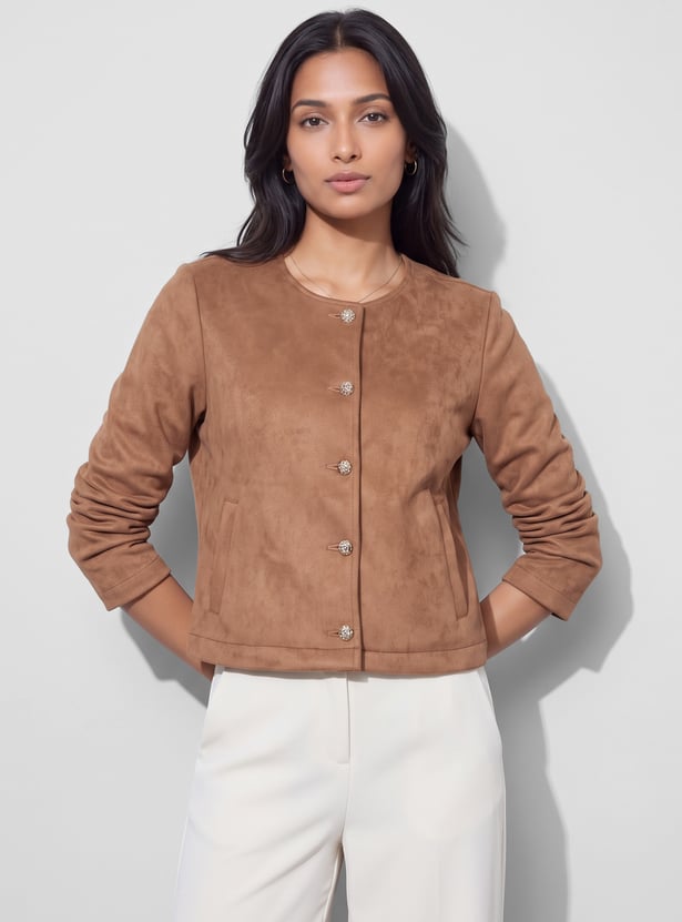 CODE Solid Faux Suede Jacket