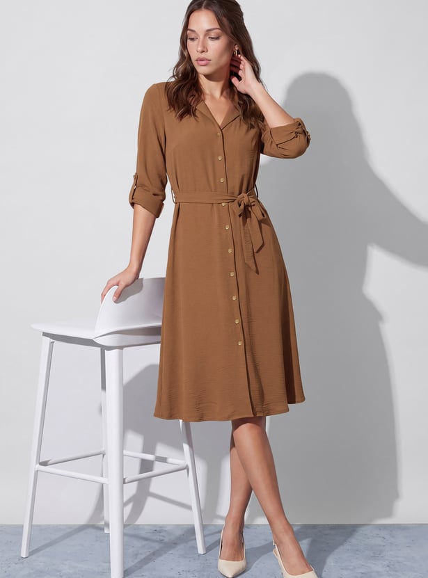CODE Solid Buttoned Midi Dress