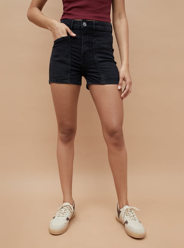 Buy GINGER Solid High-Rise Denim Shorts from Ginger at just INR