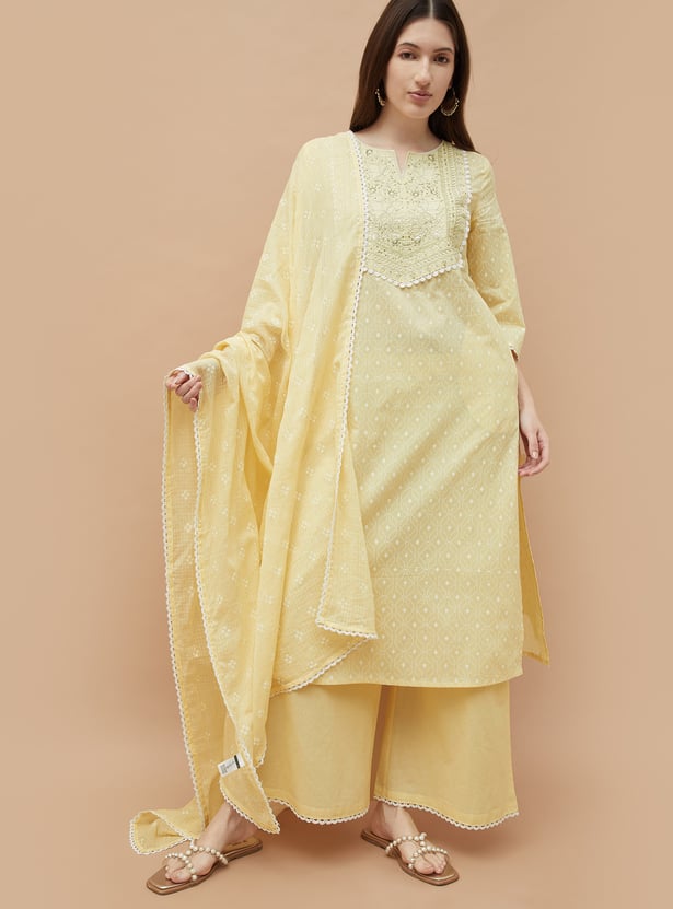 Yellow Rayon Slub Embroidered Yoke Kurta Set