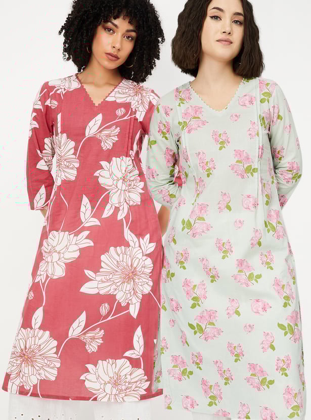 Women Floral Printed Straight Kurta - Pack of 2