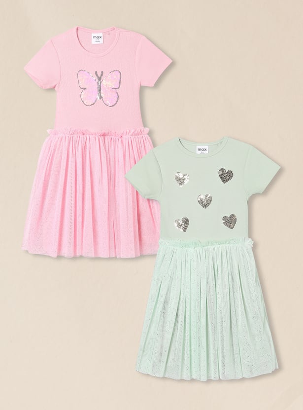 Girls Sequinned Tulle Dress - Pack of 2