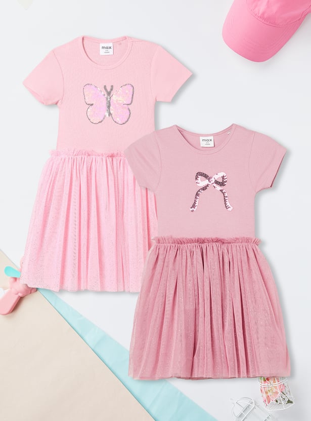 Girls Sequinned Tulle Dress - Pack of 2