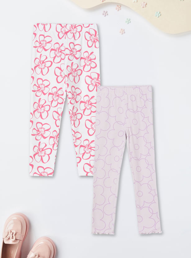 Girls Floral Print Leggings - Pack of 2